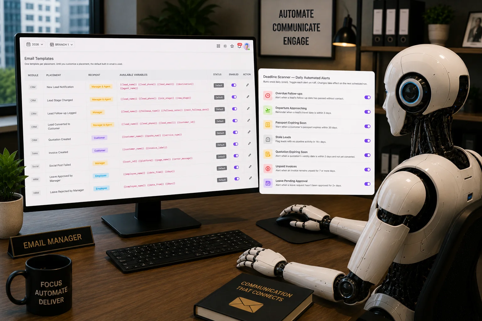 TravOps AI email templates list and a Deadline Scanner panel with automated alerts for overdue follow-ups, expiring passports and unpaid invoices