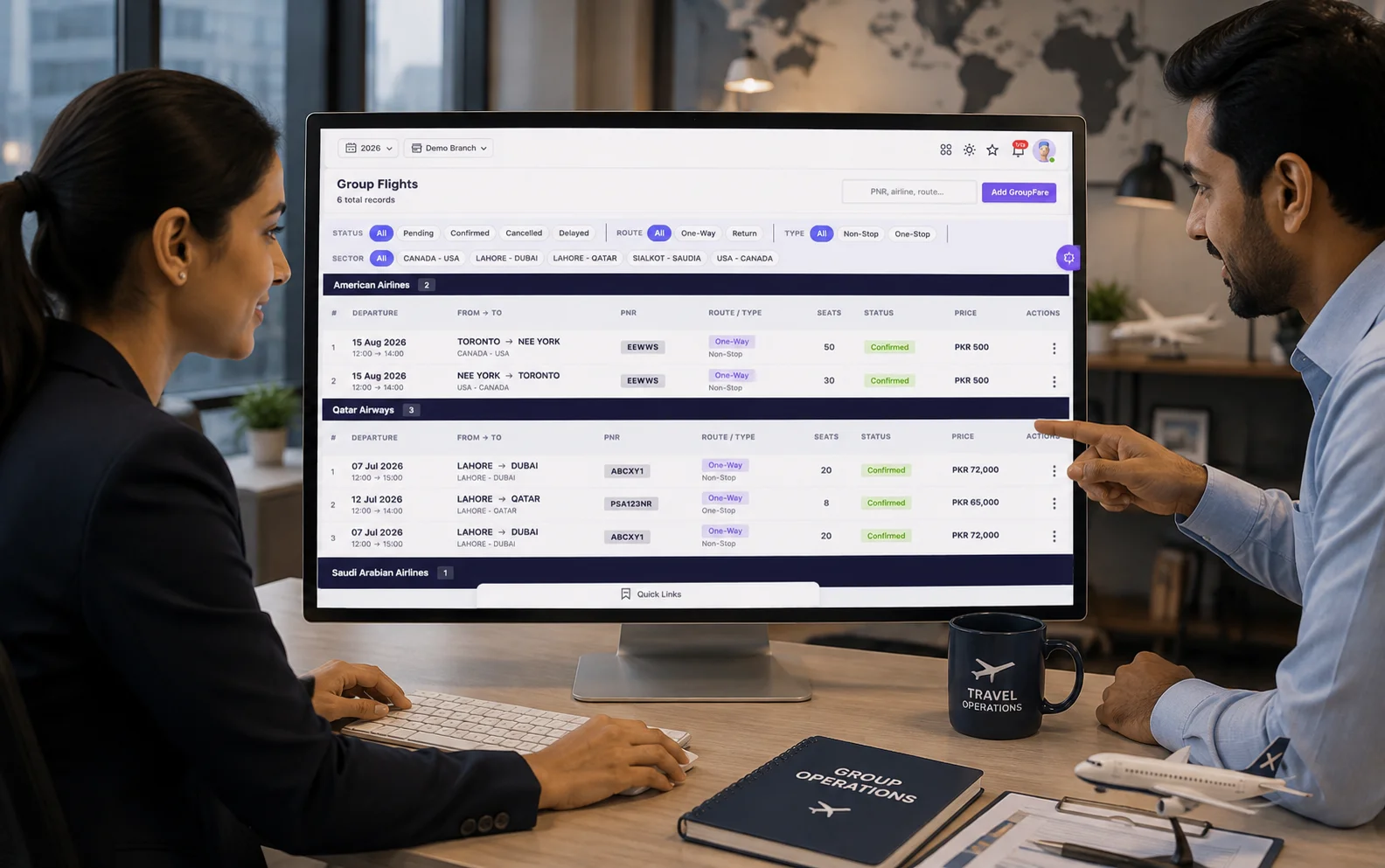 TravOps AI group flights screen showing seat blocks by airline, route, seats and confirmation status