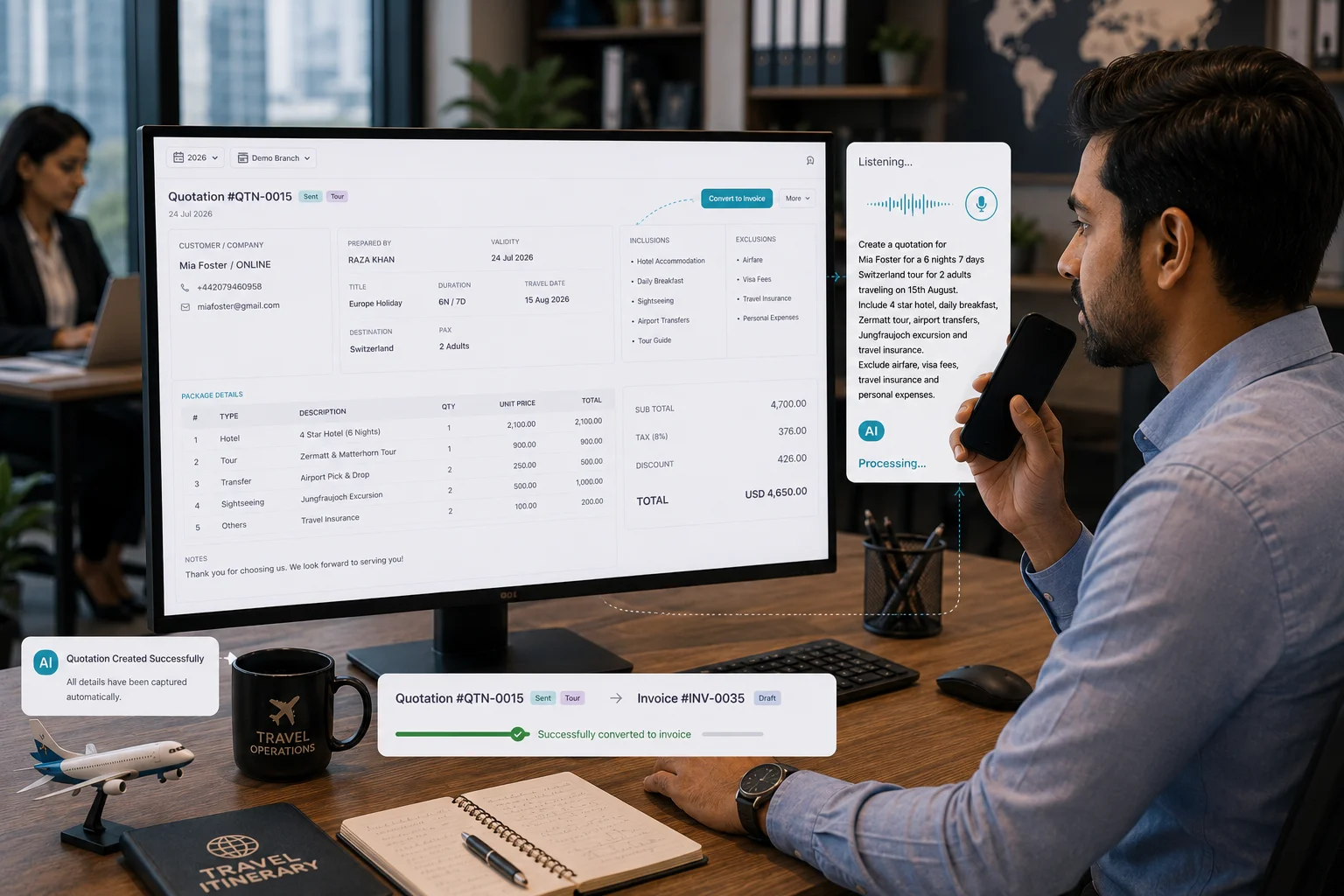TravOps AI quotation built from a voice note, showing an itemized itinerary quote alongside its successful conversion into an invoice