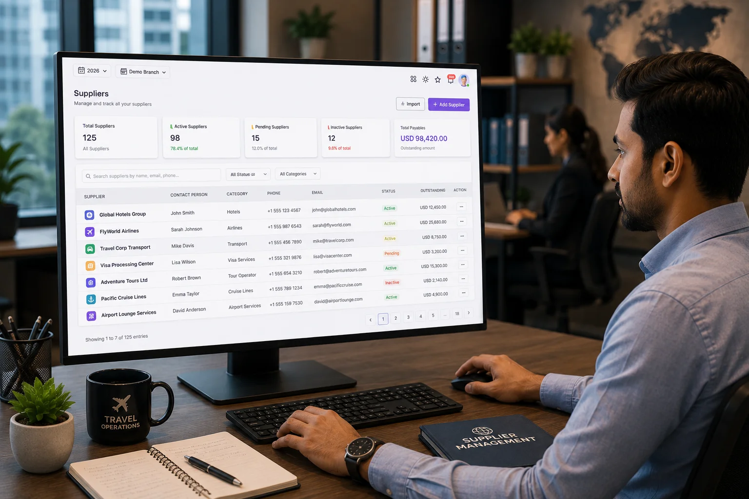 TravOps AI suppliers screen listing hotel, airline, transport and visa suppliers with contact details, status and outstanding payables